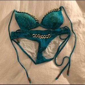 Never-Worn Snake-Skin Print Bikini w Chain Detail